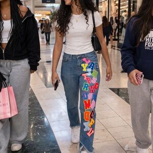 Straight-Leg Denim Jeans with Colorful Letter Patch Detail — Blue